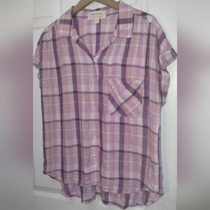 Cloth & Stone Plaid Short Sleeve Shirt in Pink and Purple